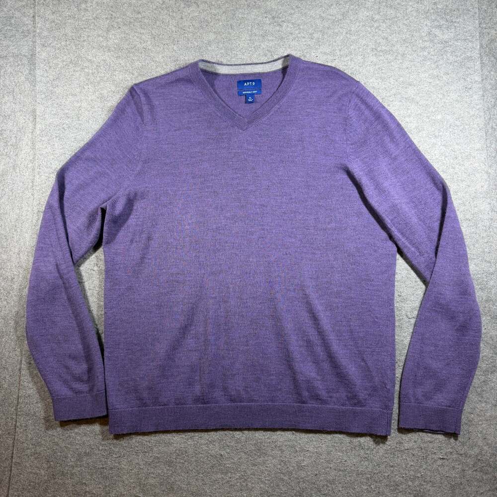 Apt. 9 Sweater Mens XL Purple Merino Wool V-Neck Contrast Collar Trim